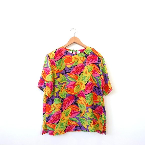 VINTAGE Tropical Top Women XL Silk Bold Blouse Vivid Bright Leaves Boho 90s - Picture 1 of 10